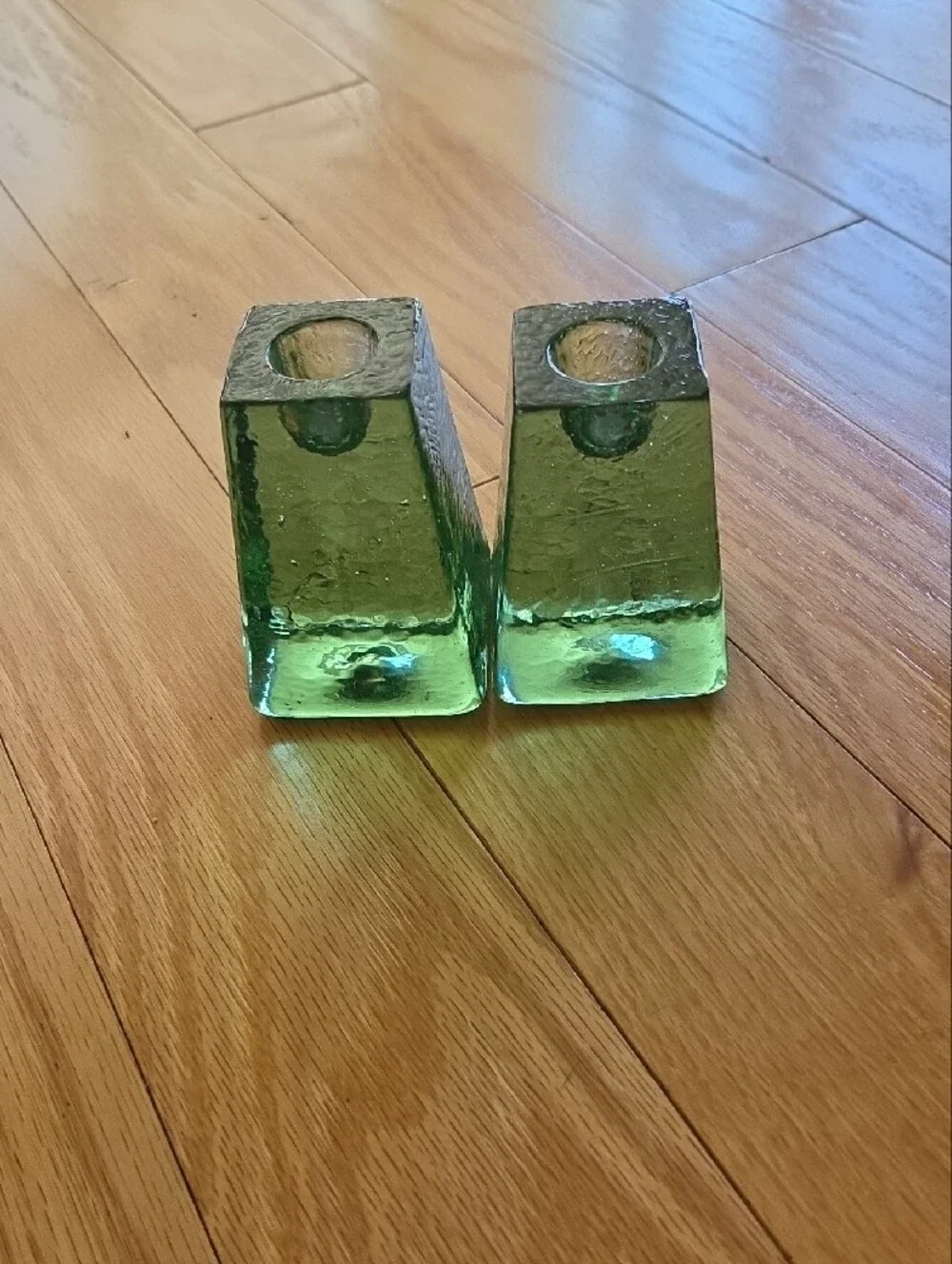 Fire and Light Signed Green Glass Taper Candle Holders - Pair